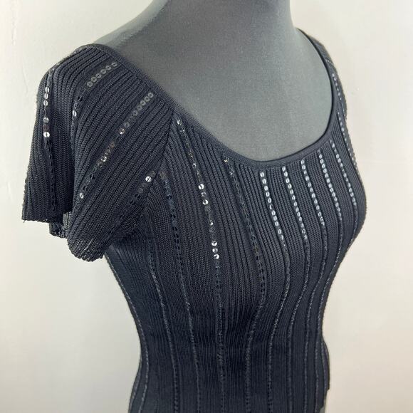VINTAGE Laundry Shelli Segal Black Short Sleeve Mesh Overlay Sequin Stripe Top L - Picture 4 of 6